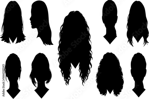 Collection. Silhouette profile of a cute lady's head. The girl shows her hairstyle for medium and long hair. Suitable for logo, advertising. Vector illustration se