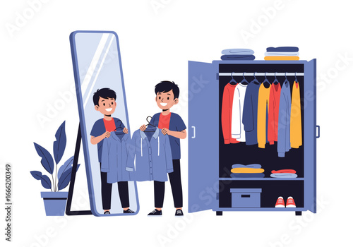 Young boy standing in front of wardrobe holding shirt looking at his reflection in mirror choosing outfit