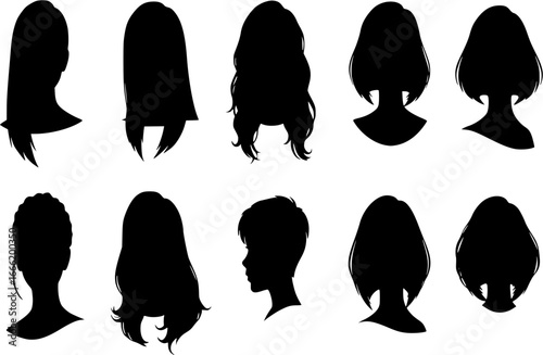 Collection. Silhouette profile of a cute lady's head. The girl shows her hairstyle for medium and long hair. Suitable for logo, advertising. Vector illustration se