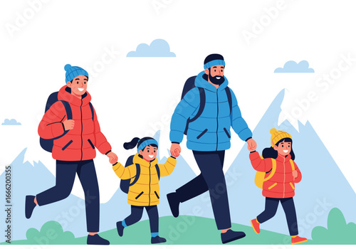 A happy family enjoys a picturesque mountain hiking adventure together outdoors