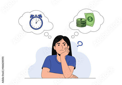 Young woman thoughtfully considering the trade off between time and money