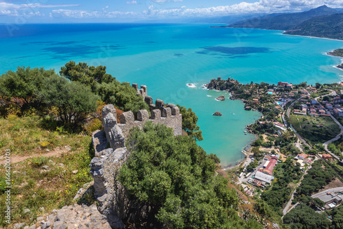 Vászonkép Remains of castle walls on a rock massif above Cefalu city on Sicily Island in I