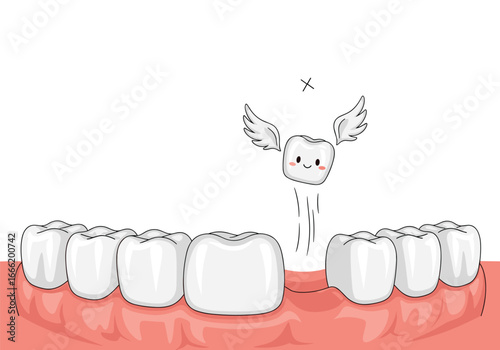 Animated tooth flying free from mouth with wings for dental care education or concepts