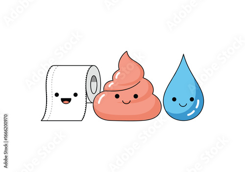 Cute toilet paper poop water drop characters having fun together