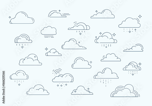 Stylized geometric cloud icons set for weather forecasting and digital design applications