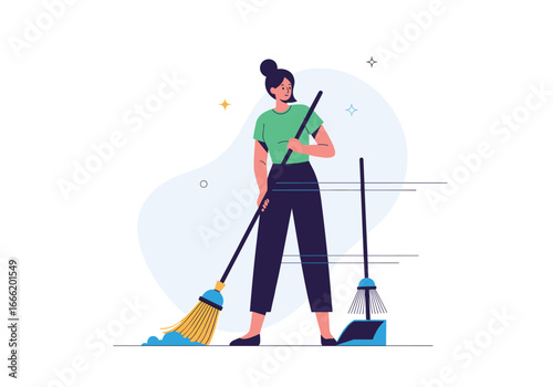 Woman is sweeping the floor with a broom and dustpan maintaining a clean home
