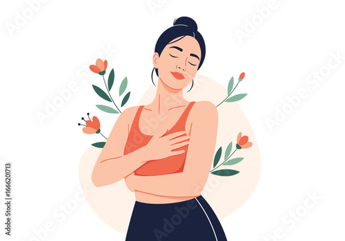 A woman embraces her body with love self-acceptance and inner peace amidst floral beauty