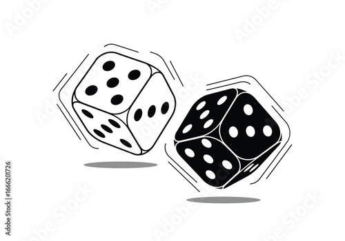 Two dice rolling and spinning in the air with dots and shadows