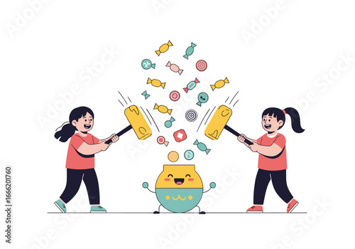 Two kids breaking a lucky coin pot to get candy and treats