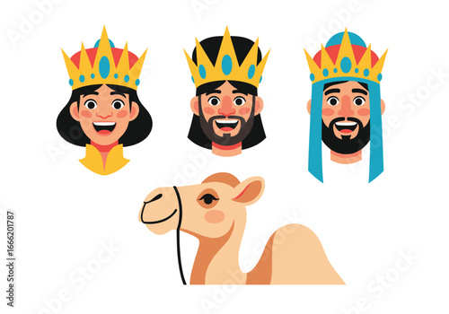 Three kings bearing gifts journeying with camel through the desert on a holy christmas night