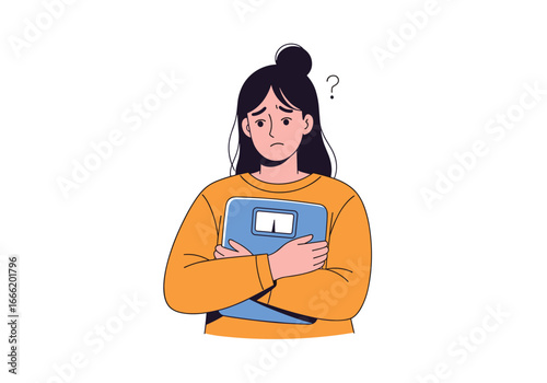 Young woman looking concerned holding a clipboard with a question mark above her head