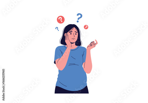 Confused woman pondering decisions with question marks floating around her head