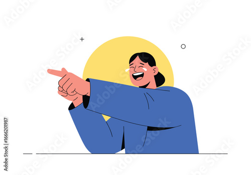 Joyful woman laughing pointing finger left indicating something amusing while sitting at desk