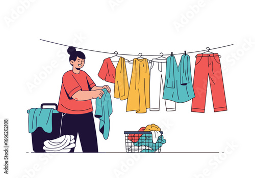 Woman hanging laundry on clothesline after washing and drying clothes