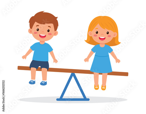 Cute kid boy and girl play seesaw together with happy face illustration