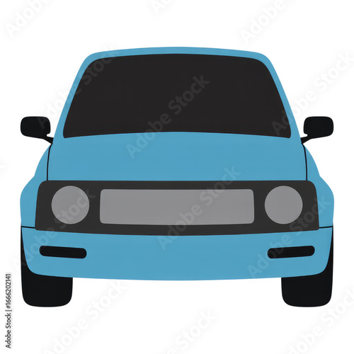 Front view of a blue car with black windows and gray grille