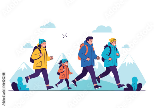 Family adventure hiking through scenic mountain trails together outdoors