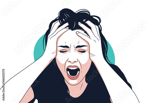 Young woman holds her head in utter despair screaming loudly experiencing mental anguish and extreme stress