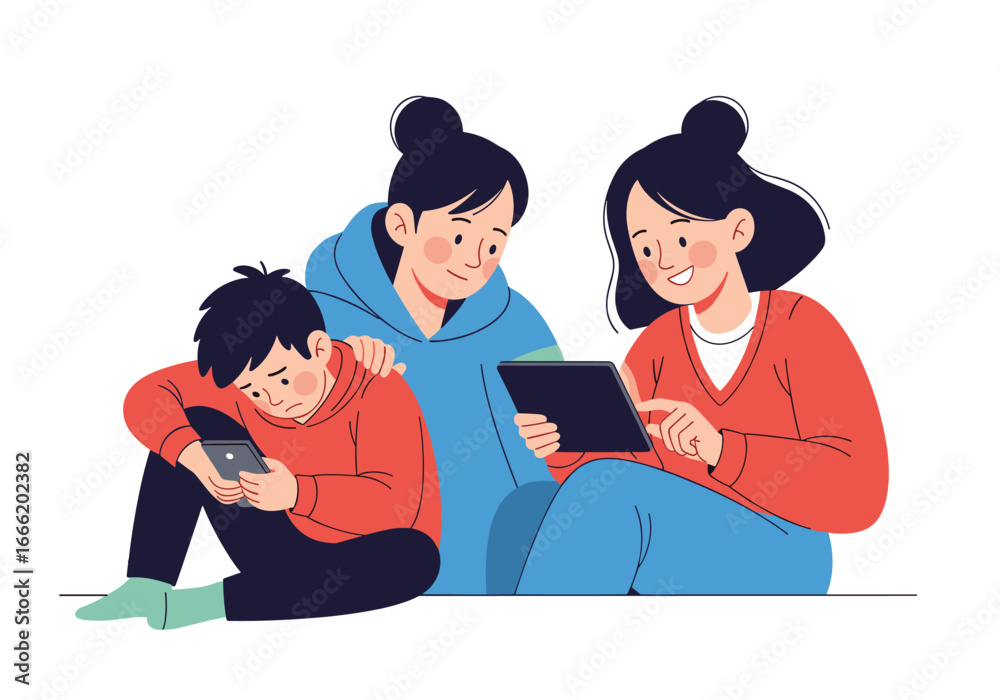 Fototapeta premium Three people looking at a digital tablet together understanding family and technology interaction