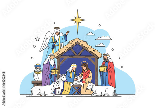 Celebrating the birth of jesus christ with angels shepherds and three wise men in a stable scene