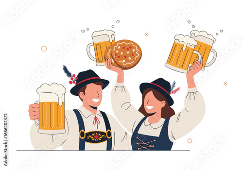 Joyful german couple celebrating oktoberfest tradition with delicious beer and pretzels