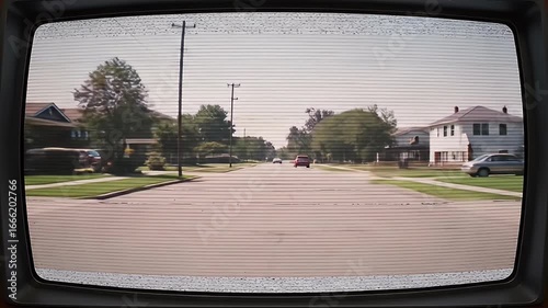 retro tv screen view suburban street recording