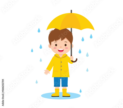 Little cute kid wearing yellow rain coat in the rain happy expression illustration