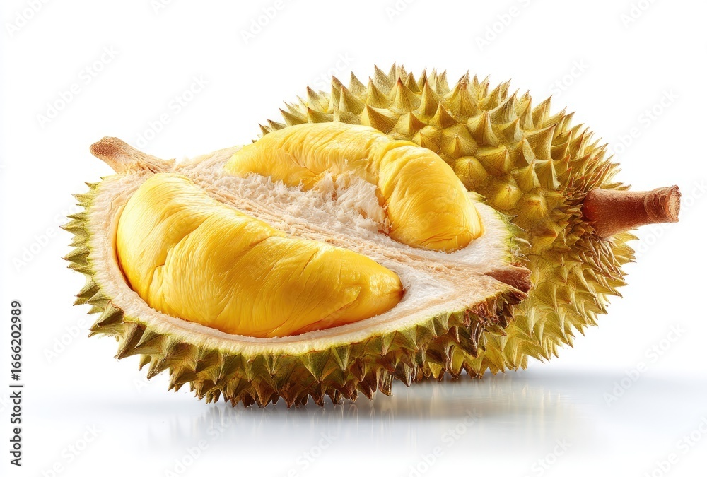 Fototapeta premium Durian fruit halved, vibrant yellow flesh