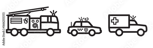 simple emergency vehicle set fire engine truck ambulance police car black line outline silhouette side view icon symbol vector on transparent background