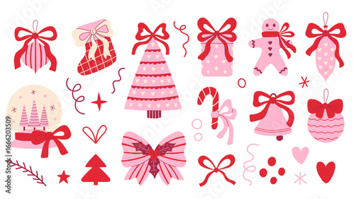Coquette Christmas Elements Set. Hand drawn Vintage Xmas Holiday Clipart with bows in flat style. Vector illustrations of Baubles Decorations Ornaments Tree.