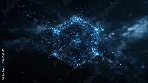 A glowing 3D hexagon made of luminous blue particles and fine network lines