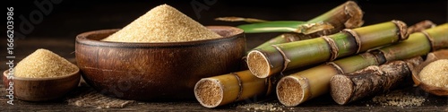 Sugarcane and brown sugar in wooden bowls