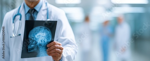 Doctor holding a head X-ray in a medical facility