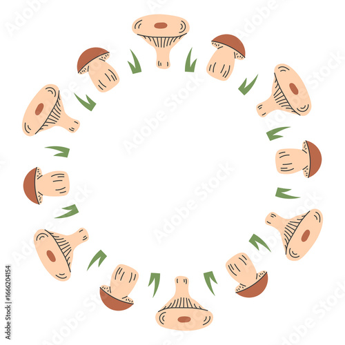 Rustic Autumn Mushroom Circle Wreath. Minimal hand drawn Fall Circle Frame in neutral colors for woodland cards, posters, and natural seasonal celebration designs. Vector illustration