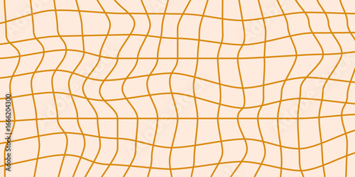 Twisted checkered linear background. Abstract vector pattern. Beige and orange colors. Retro wavy checkerboard