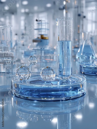 A blue minimalist lab scene with a circular transparent stage on the table top. 
