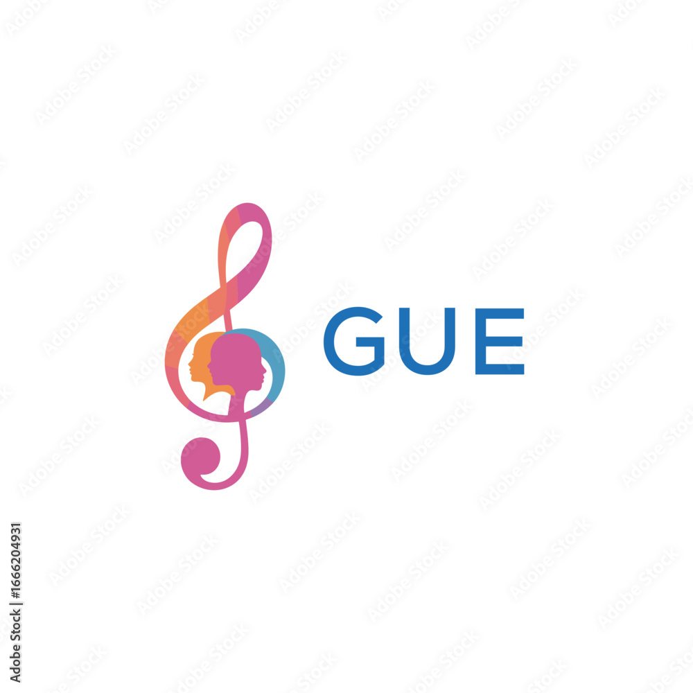 Fototapeta premium GUE “Creative music logo with human silhouettes and treble clef in gradient colors, GUE Later Logo, modern artistic design isolated on white background” 