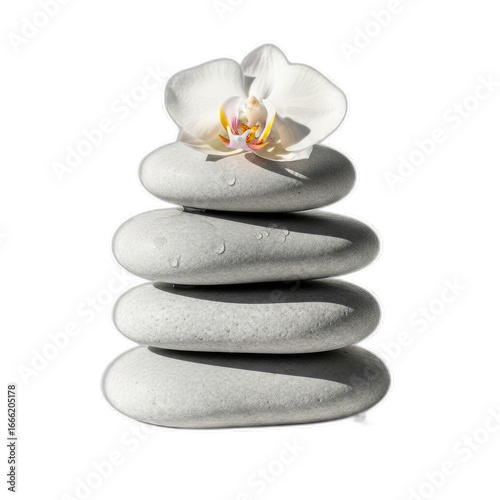 White orchid blossom resting atop a stack of smooth gray stones against a black backdrop