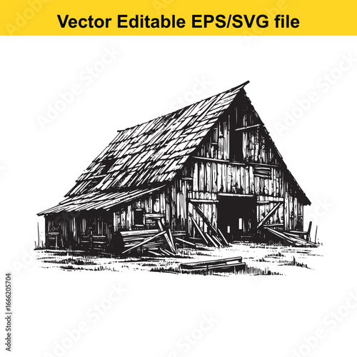 Old wooden barn in a rural countryside setting, vector illustration
