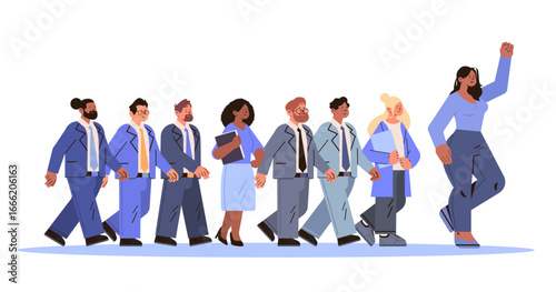 Business team leadership diverse professionals following confident woman leader group walking together corporate teamwork concept modern flat design