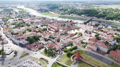 Kaunas city oldtown and castle, aerial panoramic orbit view