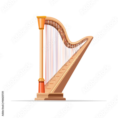 Illustration of a classical harp music instrument with strings and soundboard on a dark background.