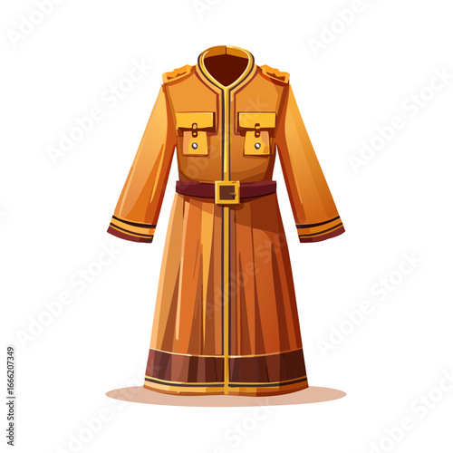 Vintage trench coat design orange duster with a belt and pockets vector illustration.  Cartoon long overcoat for men or women