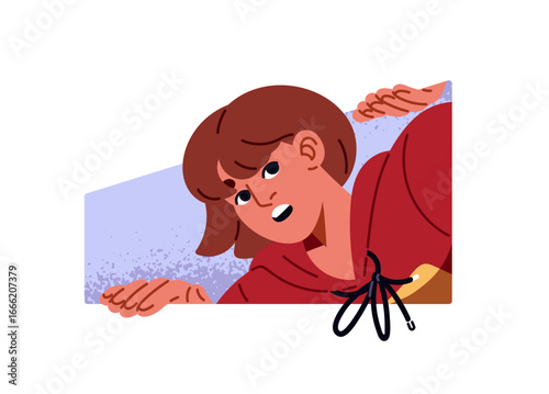 Shocked girl hides, peeking from behind wall. Scared young woman peeps outside, looks out of window. Curious, cautious person is staring, gazing. Flat isolated vector illustration on white background