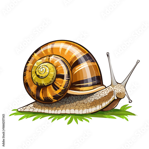 Elegant snail crawling on green grass illustration invertebrate garden animal. Slow moving gastropod with spiral shell isolated.