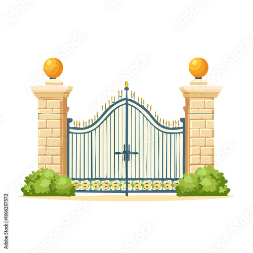 Ornate entrance gate illustration with brick pillars and decorative shrubbery adds charm and elegance to property design project