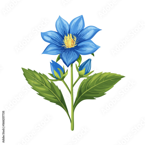 Elegant Blue Flower Bloom with Buds and Green Leaves Botanical Illustration Isolated on Black Background Artistic Floral Design