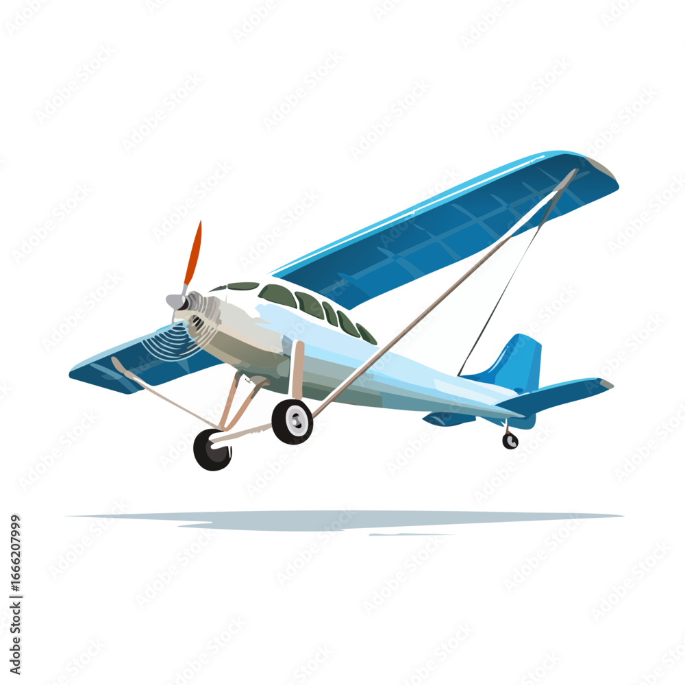 Fototapeta premium Blue and white airplane flying graphic illustration light aviation air transport aircraft propellor travel journey adventure graphic design