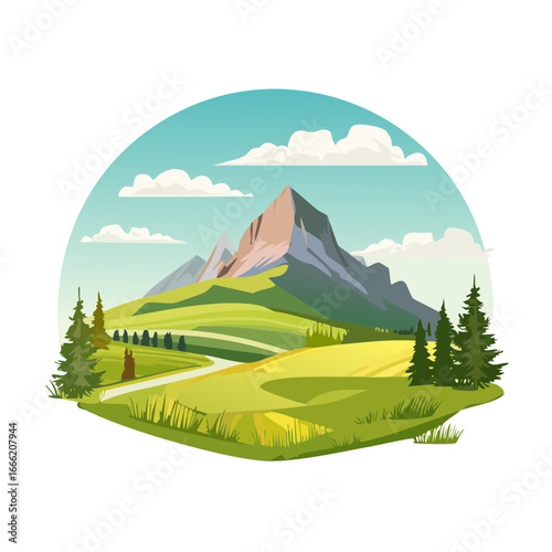 Mountainous rural landscape with green hills winding road and pine trees peaceful nature scene vector illustration