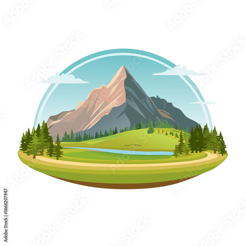 Cartoon mountain landscape scenic panorama illustration with trees clouds and river. Outdoor nature design for tourism adventure travel